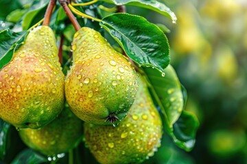 Wall Mural - Micro close up of a fresh green yellow pears fruits hanged on tree with water drops dew as wide banner