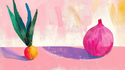 Sticker -  A painting depicts an onion on a table with a pink background, a pink vase containing a green plant, and a single onion in the foreground