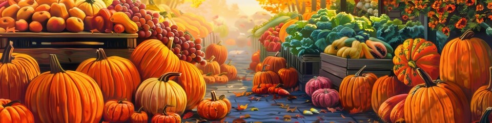 Aufkleber - A bustling farmers market overflowing with ripe pumpkins, autumn vegetables, and fresh fruit. Generative AI
