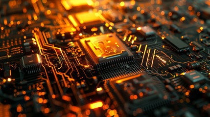 Poster - futuristic computer circuit design with golden backlight on a dark background. technology concept.