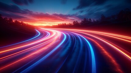 Poster - Long exposure of colorful light trails on a highway at dusk, vibrant traffic motion. Futuristic transportation and speed concept