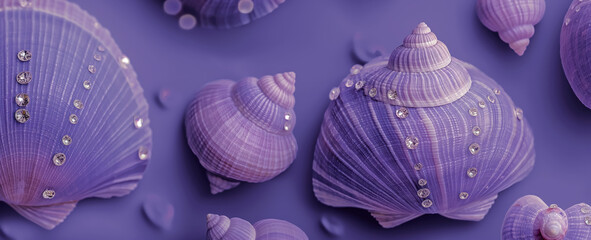 Wall Mural - sea shells bedazzled with crystals on future dusk background