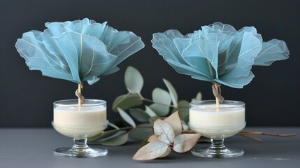 Poster -   Two vases filled with flowers sit beside a candlit tabletop