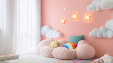 Cozy children's room with pink cloud-themed decor, rainbow pillows, star lights on peach walls, and large white curtains.