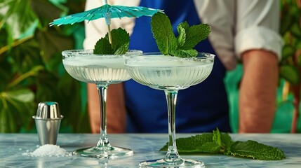 Sticker -   Two Martini glasses with mint garnish on a table with a man in the background