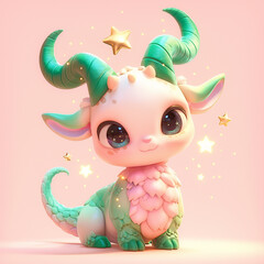 Sticker - Zodiac sign Capricorn with horns and stars on its head sits on a pink background.