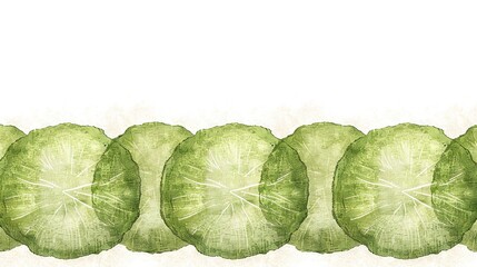 Wall Mural -   A line of cucumber slices with leaves on either side against a white backdrop