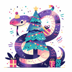 Poster - A snake is wrapped around a Christmas tree. The snake is wearing a Santa hat. The tree is decorated with many gifts