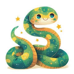 Wall Mural - 2025 green snake with stars on it is sitting on a white background. The snake is smiling and he is happy