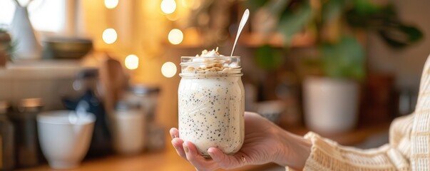 Hand holding a jar of overnight oats with a spoon, fresh ingredients and cozy kitchen background