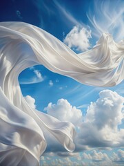 Wall Mural - White Silk Fabric Fluttering in a Blue Sky With Clouds. Generative AI