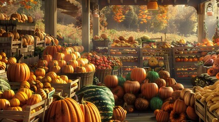 Aufkleber - A bustling farmers market filled with a variety of autumn produce, including pumpkins, gourds, squash, apples, and pears. Generative AI