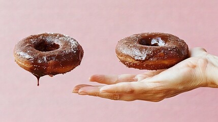  Person holding two donuts against pink backdrop with icing drizzle