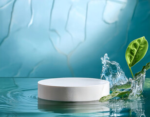 Poster -  Podium Water Background Product Display- A fresh podium setup with water elements, ideal fo_1(362)