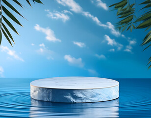 Poster -  Podium Water Background Product Display- A fresh podium setup with water elements, ideal fo_1(363)