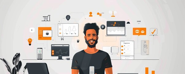 Poster - Smiling man in a modern digital workspace with various tech and business icons