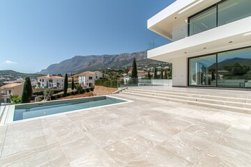 Luxurious modern house with pool and mountain views, offering a stylish and comfortable outdoor living space.