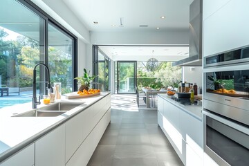 Poster - Modern kitchen with sleek white cabinets, large windows, and a bright, open layout overlooking a scenic outdoor area.