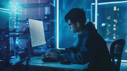 Sticker - A young man in glasses is focused on his work at a computer.