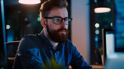 Poster - a focused it professional works late at night.
