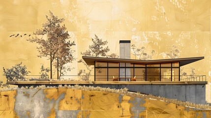 Wall Mural - Modern House on Cliffside with Golden Sunset