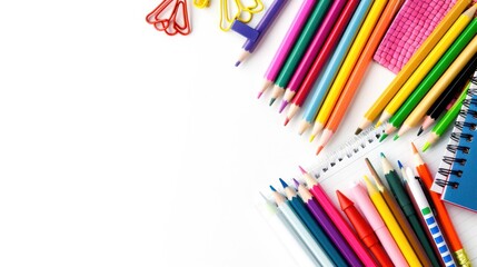 A white background with an assortment of colorful pencils, a ruler, paper clips, an eraser, and a notebook