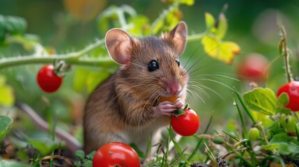 Wall Mural -   A mouse nibbling on a chunk of food amidst a lush green field adorned with cherry tomato-laden vines in the foreground