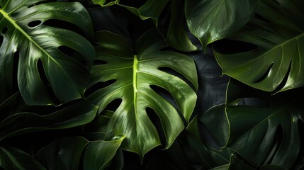 Poster - Monstera leaves against dark backdrop selective focus