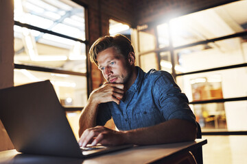 Canvas Print - Laptop, planning and business man reading email for brainstorming ideas on deadline. Computer, creative and web designer problem solving, research or thinking of solution for app in startup at night