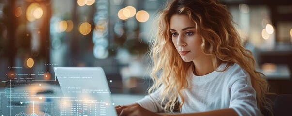Poster - Young woman working on laptop in modern office with data graphics overlay