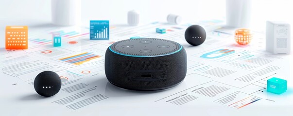 Poster - Smart speaker on a desk with charts, graphs, and data analysis in the background, depicting modern technology and business communication