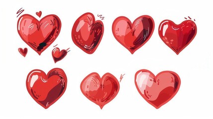 Poster - Eight red hearts in different poses and styles, drawn with a whimsical hand-drawn aesthetic. Generative AI