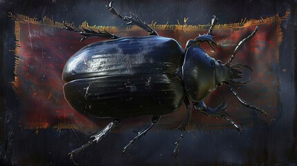 Sticker -   A detailed photo of a dark insect against a black and red backdrop, featuring a red and orange horizontal band