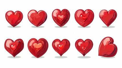 Poster - Nine red hearts in different styles and poses, isolated on a white background. Generative AI