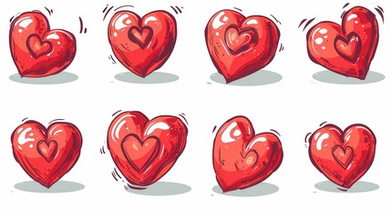 Poster - Eight red heart illustrations in different styles and poses, all with a smaller heart inside. Generative AI