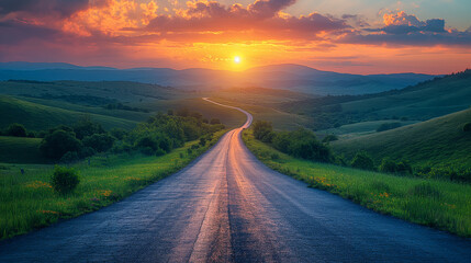 Asphalt highway road and green mountain with sky clouds at sunset