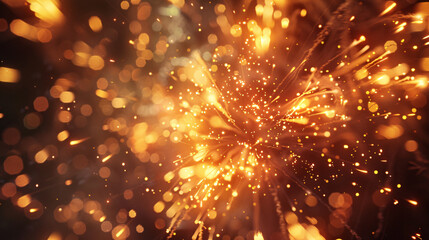 Close-up of a firework display, capturing the vivid detail of exploding pyrotechnics and glowing trails, with a dark sky and festive lights from the summer festival below, shown in UHD 