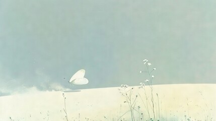 Poster -   A white butterfly soars over a field of vibrant flowers beneath a brilliant blue sky