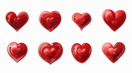 Poster - Eight red hearts in various styles, including some with a smaller heart inside, against a white background. Generative AI