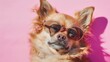 © AkuAku - Sleepy brown chihuahua dog in sunglasses on pink background Summer traveling idea