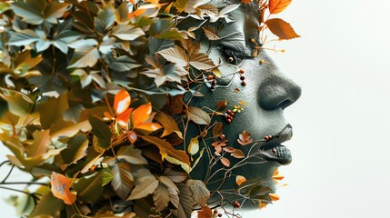 A creative fusion of nature and portrait art, showcasing a face intertwined with vibrant leaves and foliage.