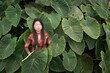 © Milou Dirks - asian young woman standing and hiding between giant green foliage leaves in Madeira