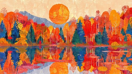 Canvas Print -   A vibrant painting depicts a serene lake enveloped by orange, yellow, and red-hued trees The water reflects these colors as well, creating a stunning display