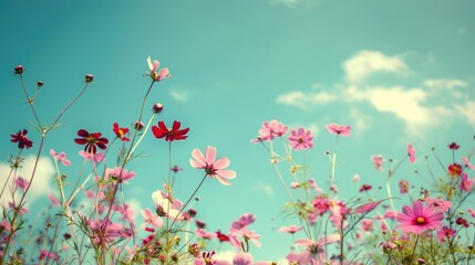 Wall Mural - vintage style garden with cosmos flowers in purple pink and red hues under a blue sky