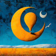 A yellow hot air balloon shaped like a moon floating above the blue and clear day sky skyline, with two moons floating in the sky. oil paint artwork style