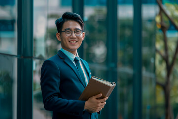 Wall Mural - Young, handsome businessman in a suit holding a book and smiling.