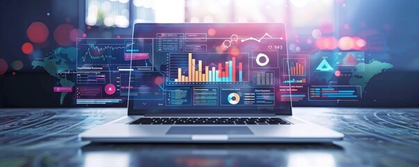 Poster - High-tech laptop displaying data analytics and graphs in modern digital workspace