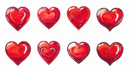Poster - A collection of eight red heart illustrations, each with a unique style and orientation. Generative AI