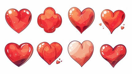 Poster - A collection of eight red heart illustrations with different styles. Each heart is rendered in a different pose and detail. Generative AI