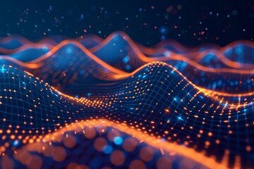 Wall Mural - Symbolizing a data concept, this digital landscape shows glowing lines and dots. Stock image.